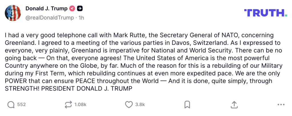 Truth Social post by Donald Trump stating that U.S. control of Greenland is "imperative for National and World Security.